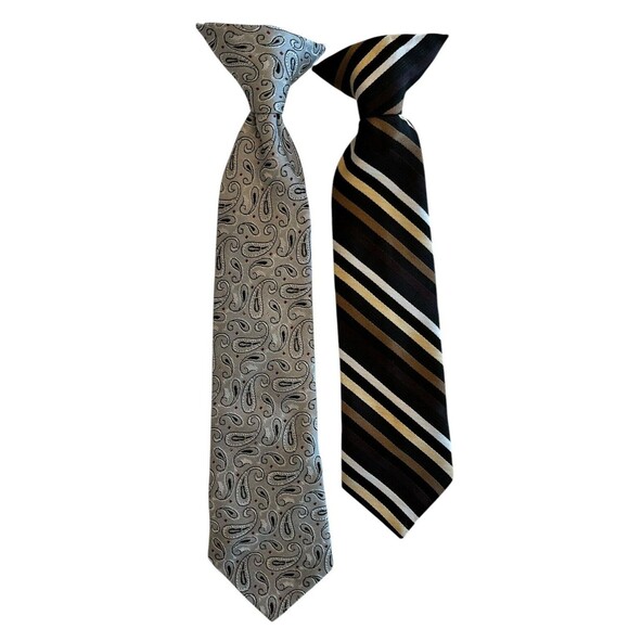 Clip-on Ties necktie Boys Bundle of 2 Brown Stripe Grey Paisley - Picture 1 of 5